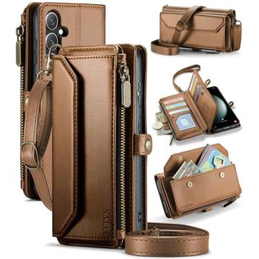 Imagem de YYTVN Capa carteira para Samsung Galaxy S24 Plus com zíper para cartão, bloqueio de RFID, carteira magnética de couro PU com alça transversal e alça de pulso para Galaxy S24 Plus - marrom