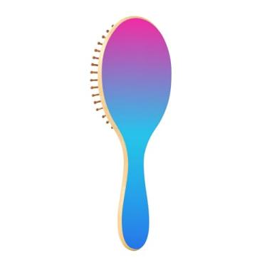 Imagem de Pente de cabelo de madeira gradiente azul rosa com almofada de borracha, escova massageadora para couro cabeludo, escova de madeira para cabelo