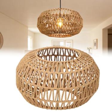Imagem de Abajur pendente, abajur de vime de 30 x 18,3 cm, cortina de corda de papel natural, cortinas de teto boho rústicas feitas à mão para sala de jantar, decoração de casa, quarto, escritório, hotel