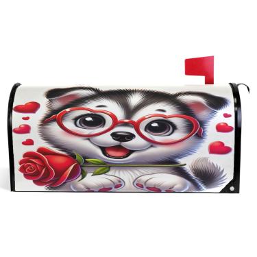 Imagem de TSENQUE Capas de caixa de correio magnéticas decorativas primavera caixa de correio envoltórios vinil Husky Dog Valentine Puppy caixa de correio moderna decoração de jardim tamanho padrão 52,56 x 45,8