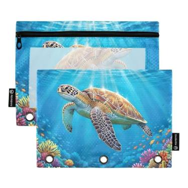 Imagem de Estojo para lápis para sala de aula, 3 anéis, fichário com zíper, estojo para canetas, fichários transparentes, escola, tartaruga, mar, azul, oceano, coral, 25 x 18 cm, 2 pacotes