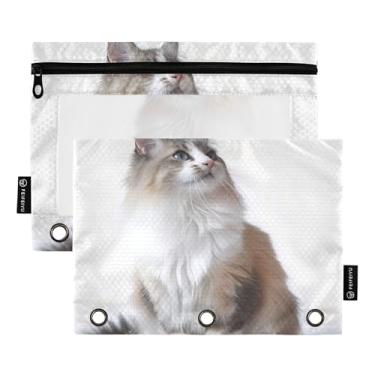 Imagem de Fichário fofo gato Ragdoll gatinho 3 anéis, bolsa para lápis, fichário com zíper, pastel, transparente, estojo para canetas, meninos escolares, 25 x 18 cm, 2 pacotes