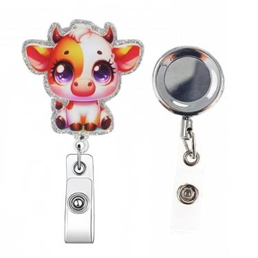 Imagem de Pacote com 2 carretéis de crachá de enfermeira, porta-identidade retrátil de vaca fofa e totalmente de metal, clipe de jacaré de acrílico fofo para crachá de identificação, suporte de etiqueta de nome