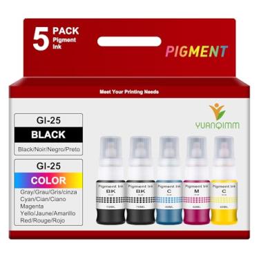Imagem de Yuanqimm Garrafas de refil de pigmento GI-25 compatível com Canon 25 GI25 GI-25 GI-25BK para impressora MegaTank Canon MAXIFY GX1020 GX2020 260ml (pacote com 5, 2 pretos, 1 ciano, 1 magenta, 1 amarelo
