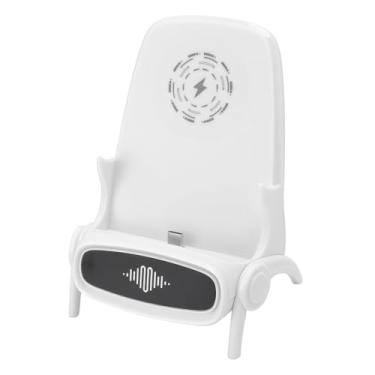 Imagem de Asixxsix Suporte multifuncional para telemóvel, 3 em 1, mini cadeira com carregador sem fios rápido, suporte portátil para telemóvel com altifalante integrado (Branco)