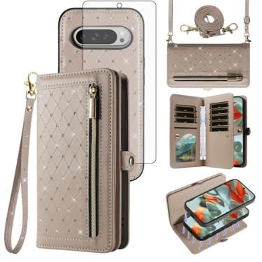 Imagem de Asuwish Capa de telefone para Google Pixel 9 Pro XL carteira com zíper destacável capa celular protetor de tela de vidro temperado alça transversal flip bling titular cartão de crédito Pixel9 9Pro