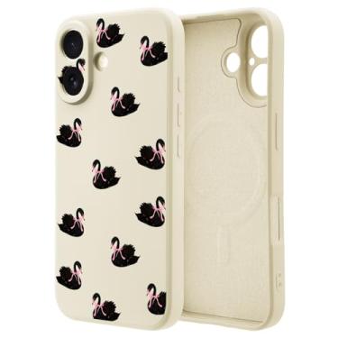 Imagem de OFQKOAKS Capa para iPhone 16 Pro Max compatível com MagSafe, capa de telefone feminina romântica com laço de cisne preto e branco macio de silicone líquido slim fit para mulheres e meninas