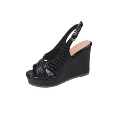 Imagem de Sandálias femininas casuais primavera verão boca de peixe bico aberto fivela de uma linha inferior grossa, ideal para uso confortável e versátil, Preto, 38