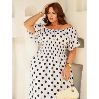 Imagem de Vestido De Bolinhas Longo Plus Size Manga Curta Godê Ombro a Ombro Mod