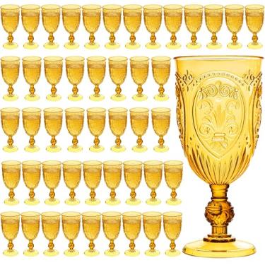 Imagem de Copos de vinho de plástico, 48 peças, taças de plástico, 212 g, colorido, retrô, em relevo, copos de coquetel vintage com haste para beber taças de água para casamento, suprimentos de festa para