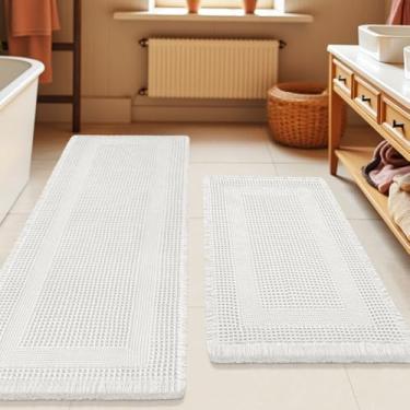 Imagem de Conjunto de 2 peças de tapete de banho waffle, moderno, tecido boêmio, absorvente, antiderrapante, tapetes de banheiro ultramacios, tapetes de banho de malha laváveis na máquina com borlas para