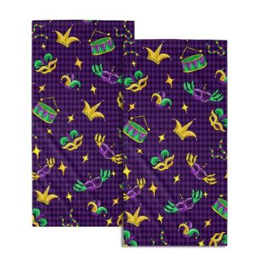 Imagem de Conjunto de 2 toalhas de mão xadrez de carnaval com 2 toalhas de chá roxas de flor de lis macias e absorventes pano de lavar roupa de cozinha para decoração de carnaval toalhas de prato de mão para