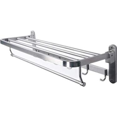 Imagem de Toalheiro de 60 cm dobrável montado na parede prateleira de toalha de fileira dupla aço inoxidável polido toalheiro com ganchos suporte de barra de toalha trilho suporte de armazenamento para banheiro