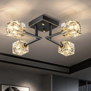 Imagem de Lustre de Cristal Preto e Dourado Estilo Moderno, Luminária de Teto Semi Embutida com 4 Lâmpadas para Cozinha, Corredor e Quarto, Soquete G9 (Máx. 40W, Lâmpadas Não Inclusas)