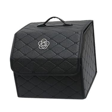 Imagem de Keenso Caixa de Armazenamento, Organizador de Armazenamento de Porta-malas de Carro Com Tampa, Caixa de Couro PU de Grande Capacidade Com Alças, Padrão Elegante de Camélia (Preto – Pequeno)