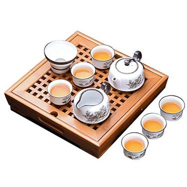 Imagem de pcagfaajmh Conjunto de chá Kungfu chinês conjunto de chá de cerâmica com bambu bandeja de chá de madeira xícaras conjunto de chá de porcelana portátil para uso doméstico e escritório conjunto de chá
