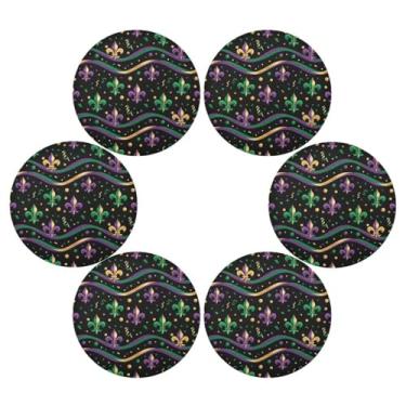 Imagem de Wassud Jogo americano conjunto de 6 tapetes de mesa redondos de fitas de carnaval para cozinha e jantar tapetes laváveis resistentes ao calor para decoração de mesa 39 cm
