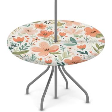 Imagem de Pardick Toalha de mesa de primavera floral redonda para uso ao ar livre com orifício para guarda-chuva, toalha de mesa redonda, impermeável, com zíper, elástico, capa de mesa de pátio, serve para