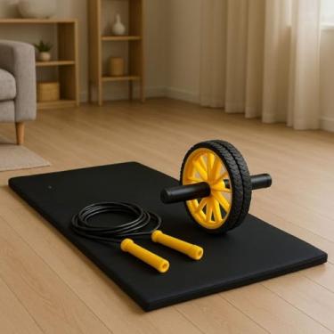 Imagem de Kit Treino Completo em Casa Colchonete Corda de Pular e Roda Abdominal Fitness(Amarelo)