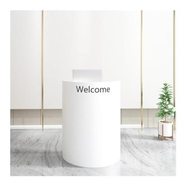 Imagem de Mesa de recepção com gaveta com trava, balcão frontal com armário de armazenamento, balcão de recepção, mesa de boas-vindas moderna para saguão, escritório, salão de beleza (cor: branco)
