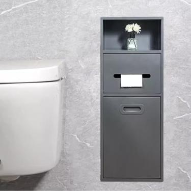 Imagem de Nicho de chuveiro embutido de aço inoxidável e suporte de papel higiênico montado na parede com balde de lixo - prateleira de armazenamento embutida para banheiro, cinza (19,8 x 66 x 14 cm)