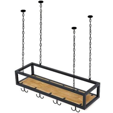 Imagem de Suporte de garrafa de vinho de madeira suspenso com suporte de vidro e prateleira, suporte de vinho industrial ajustável em altura de teto, rack organizador para bar café (cor: preto, tamanho: 100 x