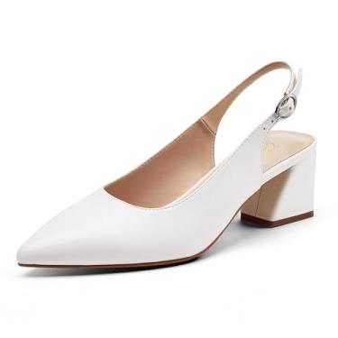 Imagem de GENSHUO Sapato feminino de salto baixo grosso, bico fechado, salto baixo, 5 cm, vestido de festa de casamento para escritório, Branco, 40