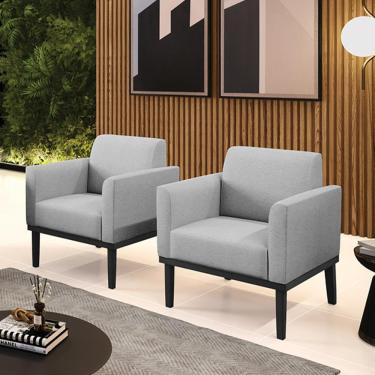 Imagem de Kit 2 Poltronas Decorativas Isabella Pés Fixo em Madeira Preto Linho Cinza G19 - Gran Belo