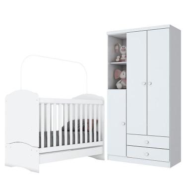 Imagem de Jogo De Quarto Infantil Bala De Menta Com Guarda Roupa E Berço Branco Brilho - Móveis Henn Branco Brilho