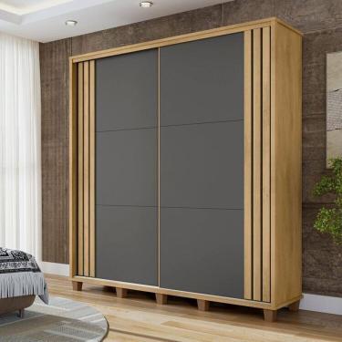 Imagem de Guarda-roupa Casal Monte Carlo com 2 Portas de Correr Ripada 4 Gavetas Internas e Maleiros Cinamomo /Grafite