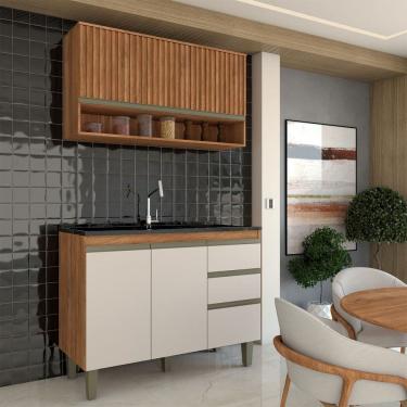 Imagem de Cozinha Compacta Modulada 3 Portas 3 Gavetas Ripado Freijó/Off White - Panorama Móveis