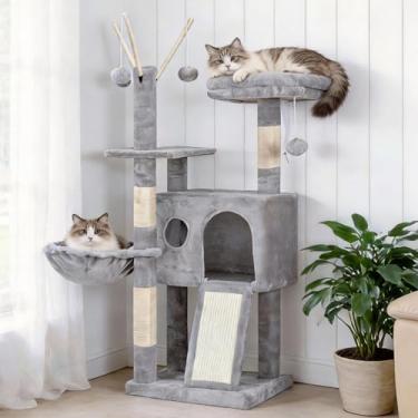 Imagem de Hey-brother Torre de árvore para gatos, postes de arranhar com brinquedos removíveis, condomínio aconchegante, plataforma, rede, prancha de sisal e bola para gatos internos, 105 cm, cinza claro