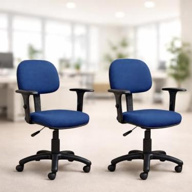 Imagem de Kit 2 Cadeiras De Escritório Secretária Giratória Home Office Tapeçada Em Tecido Com Apoio De Braços Regulável Ergonômica Resistente Azul Escritex