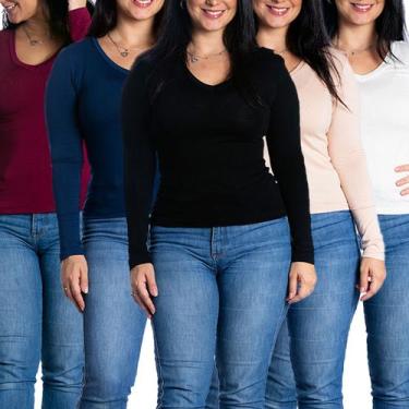 Imagem de KIT 5 Blusa Feminina Manga Comprida Inverno Gola V - Maranne, Kit1, GG