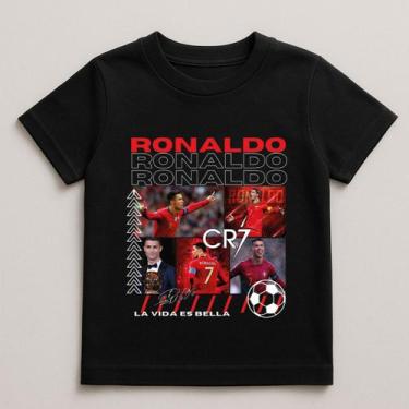 Imagem de Camiseta Infantil Cristiano Ronaldo Cr7 Futebol 100% Algodão, Preto, 1