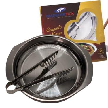 Imagem de Conjunto 2 Peças P/ Tigela Bowl Pote Servir Massa C/ Pegador Aço Inox 