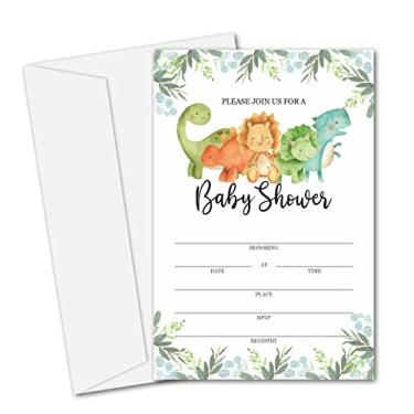Imagem de Cartões de convite de chá de bebê, tema de dinossauro, cartões de convites com preenchimento de tema de dinossauro, 25 cartões e envelopes – (bb016-yaoqing)