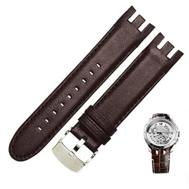 Imagem de SKM Pulseira de relógio de couro genuíno para Swatch YRS403 412 402G pulseira de relógio 21mm pulseira de relógio masculina extremidade curvada pulseira de relógios (cor: marrom liso, tamanho: 21mm)