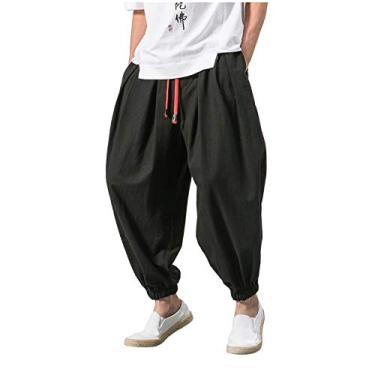 Imagem de Calças largas masculinas elásticas sólidas cor casual calças soltas calças masculinas calças masculinas, Preto, XXG