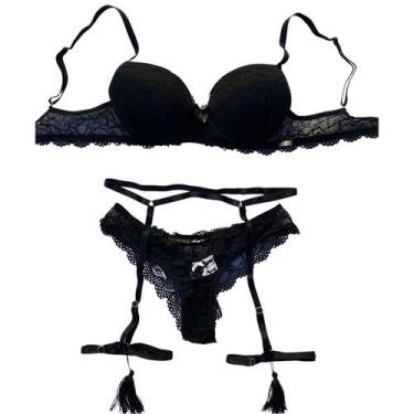 Imagem de Conjunto De Lingerie Em Renda Feminina Com Cinta Liga Em Tiras Sensual