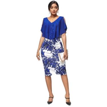 Imagem de Camisa Feminina Floral Print Cold Shoulder Ruffle Trim Dress (Color : Blue and White, Size : L)