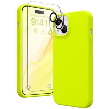 Imagem de GONEZ Capa para iPhone 15, capa de silicone líquido [com 2 protetores de tela + 2 projetores de lente de câmera], forro de microfibra macio antiarranhões à prova de choque, capa protetora de corpo inteiro para telefone de 15,5 cm, limão neon