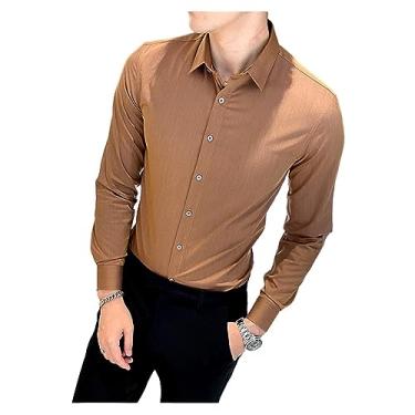 Imagem de Camisetas masculinas de manga comprida slim fit cor sólida abotoadas respiráveis lisas, Marrom, 3G