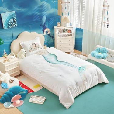 Imagem de Jogo de cama de solteiro, 3 peças, sereia azul-petróleo e branco, com cauda fofa, estampa de vestido luxuoso em edredom e estampa de coroa de princesa em fronhas