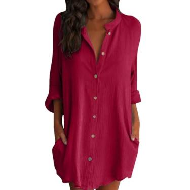 Imagem de Camisas longas femininas de linho, com botões, básicas, folgadas, gola alta, camisas sociais para mulheres, blusas básicas, Vermelho, XG