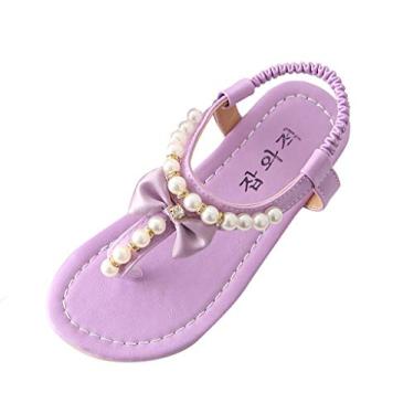 Imagem de Sandália infantil com laço de pérola para meninas, princesa, tanga infantil, Roxa, 8 Big Kid