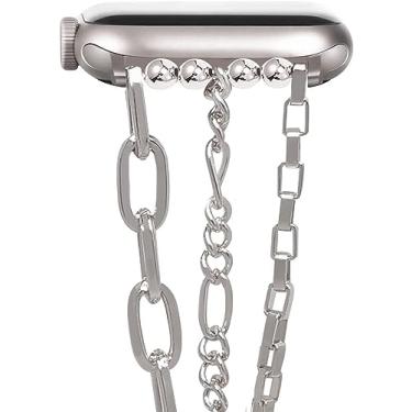 Imagem de MORWLAT Pulseira de corrente compatível com Apple Watch de 38 mm/40 mm/41 mm Série 8 7 SE 6 5 4 3, joias femininas finas de metal para Apple Watch Watch Series 2 1 (prata)
