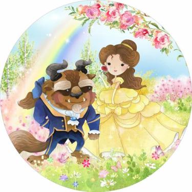 Imagem de Painel de Lona Redondo A Bela e a Fera Jardim Flores Arco Íris Aquarel