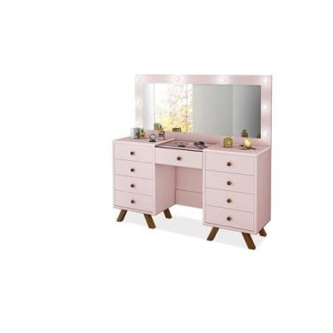 Imagem de Penteadeira Camarim Mila 9 gavetas led espelho pés de madeira Rosê - L