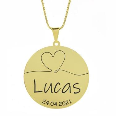 Imagem de Gargantilha Pingente Redondo Personalizado Coração Nome Lucas Banhado 